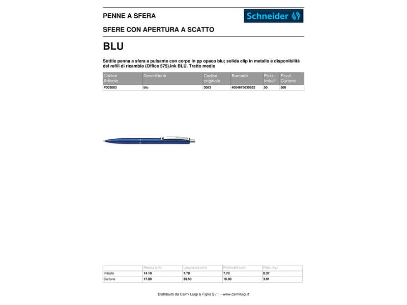 Penna a sfera a scatto Schneider K 15 ricaricabile tratto M blu Conf. 50 pezzi - 3083