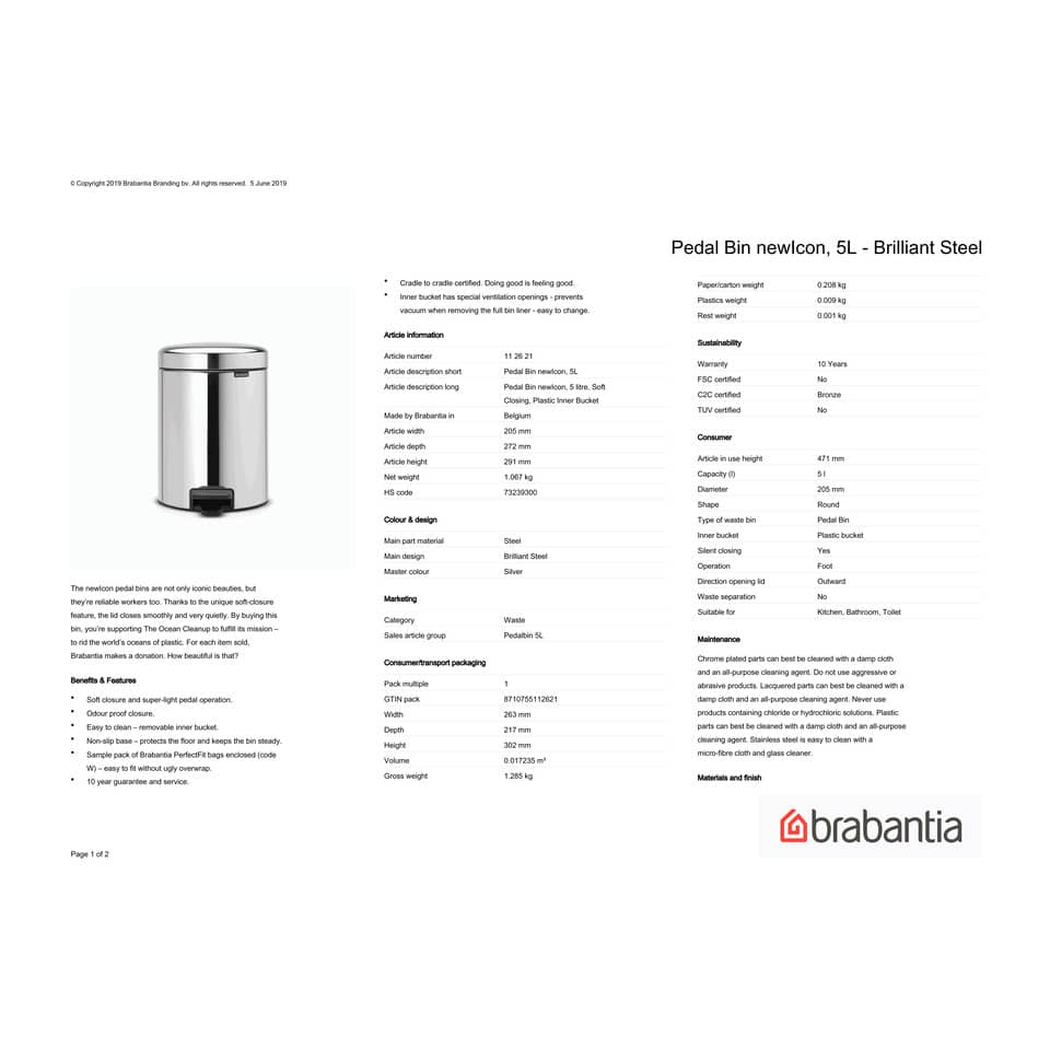 Pattumiera a pedale Brabantia Pedal Bin New Icon 20,5x26,5x29 cm 5 litri Inox Lucido - 112621