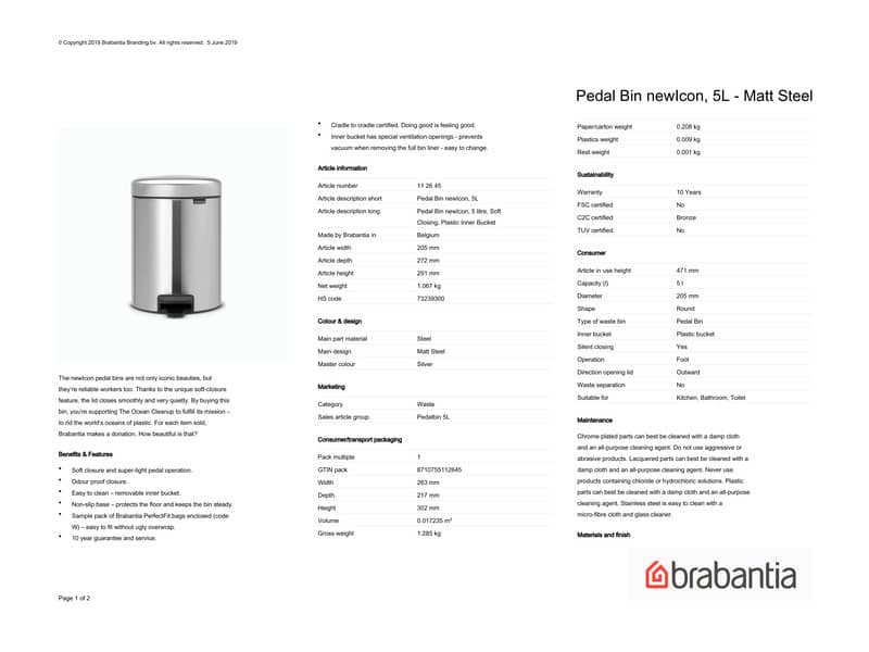 Pattumiera a pedale Brabantia Pedal Bin New Icon 20,5x26,5x29 cm Inox Satinato 5 litri - 112645