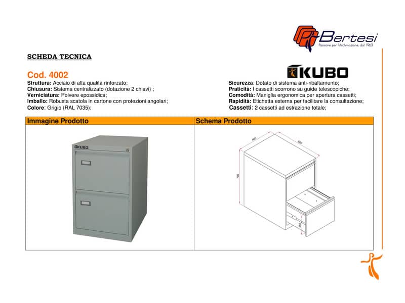 Classificatore per cartelle sospese KUBO 2 cassetti 46x62x70 cm grigio 4002