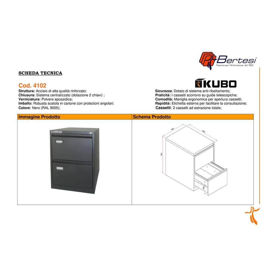 Classificatore per cartelle sospese KUBO 2 cassetti 46x62x70 cm nero 4102