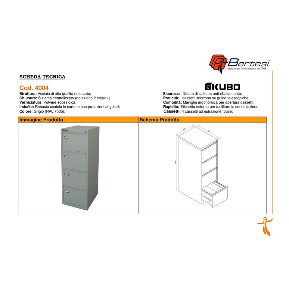 Classificatore per cartelle sospese KUBO 4 cassetti 46x62x132 cm grigio 4004