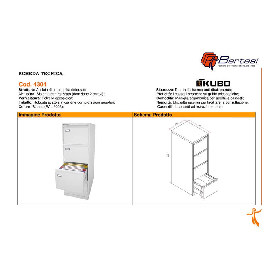 Classificatore per cartelle sospese KUBO 4 cassetti 46x62x132 cm bianco 4304