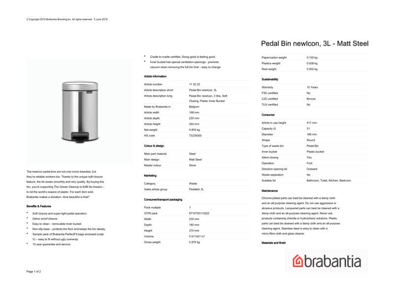 Pattumiera a pedale Brabantia Pedal Bin New Icon 17x23,5x26,5 cm Inox Satinato 3 litri - 113222