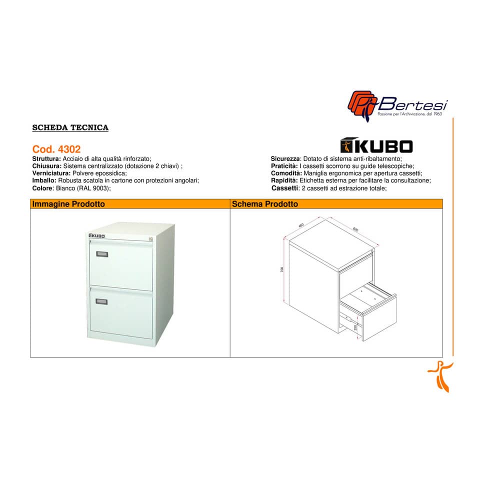 Classificatore per cartelle sospese KUBO 2 cassetti 46x62x70 cm bianco 4302