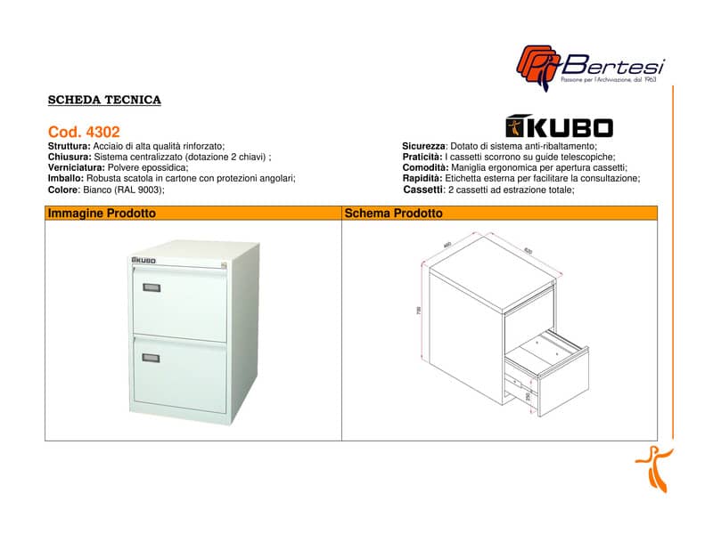 Classificatore per cartelle sospese KUBO 2 cassetti 46x62x70 cm bianco 4302