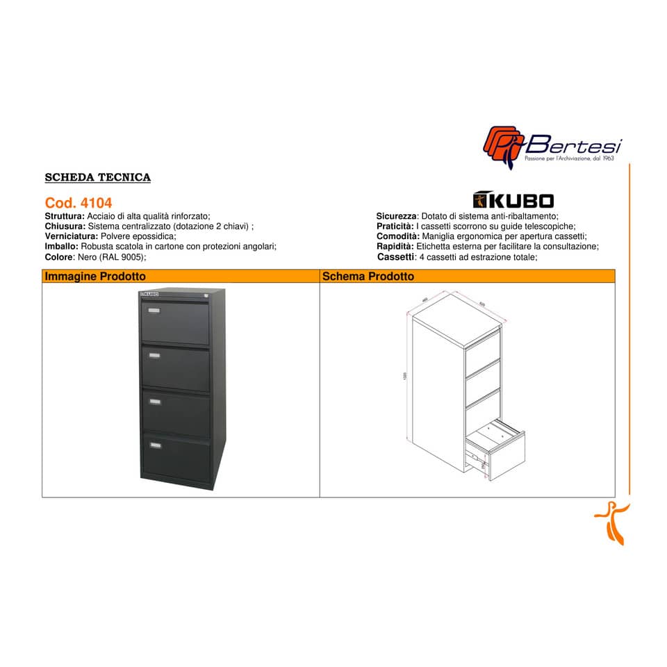 Classificatore per cartelle sospese KUBO 4 cassetti 46x62x132 cm nero 4104
