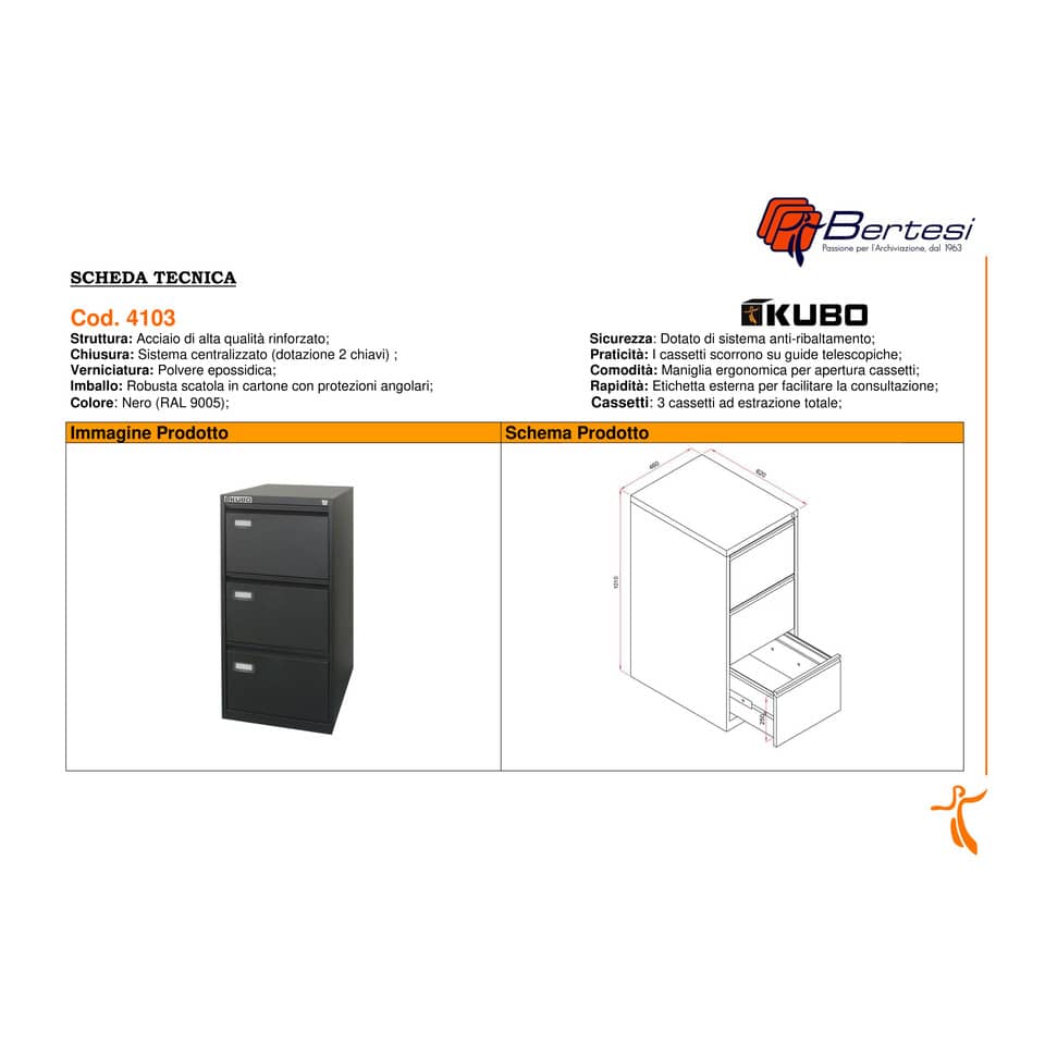 Classificatore per cartelle sospese KUBO 3 cassetti 46x62x101 cm nero 4103