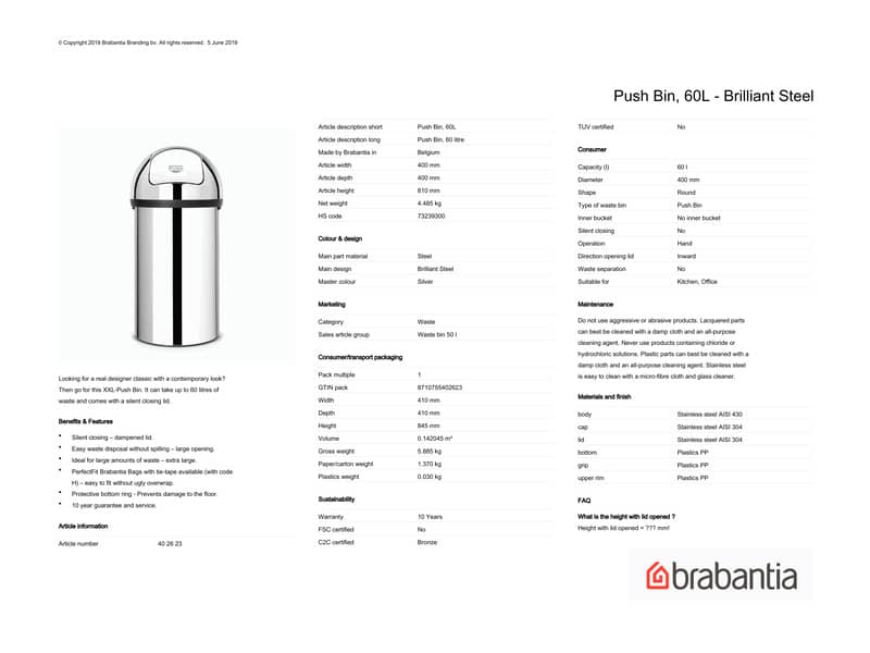 Pattumiera Brabantia Push Bin 60L 40x40x81 cm Inox Lucido 402623