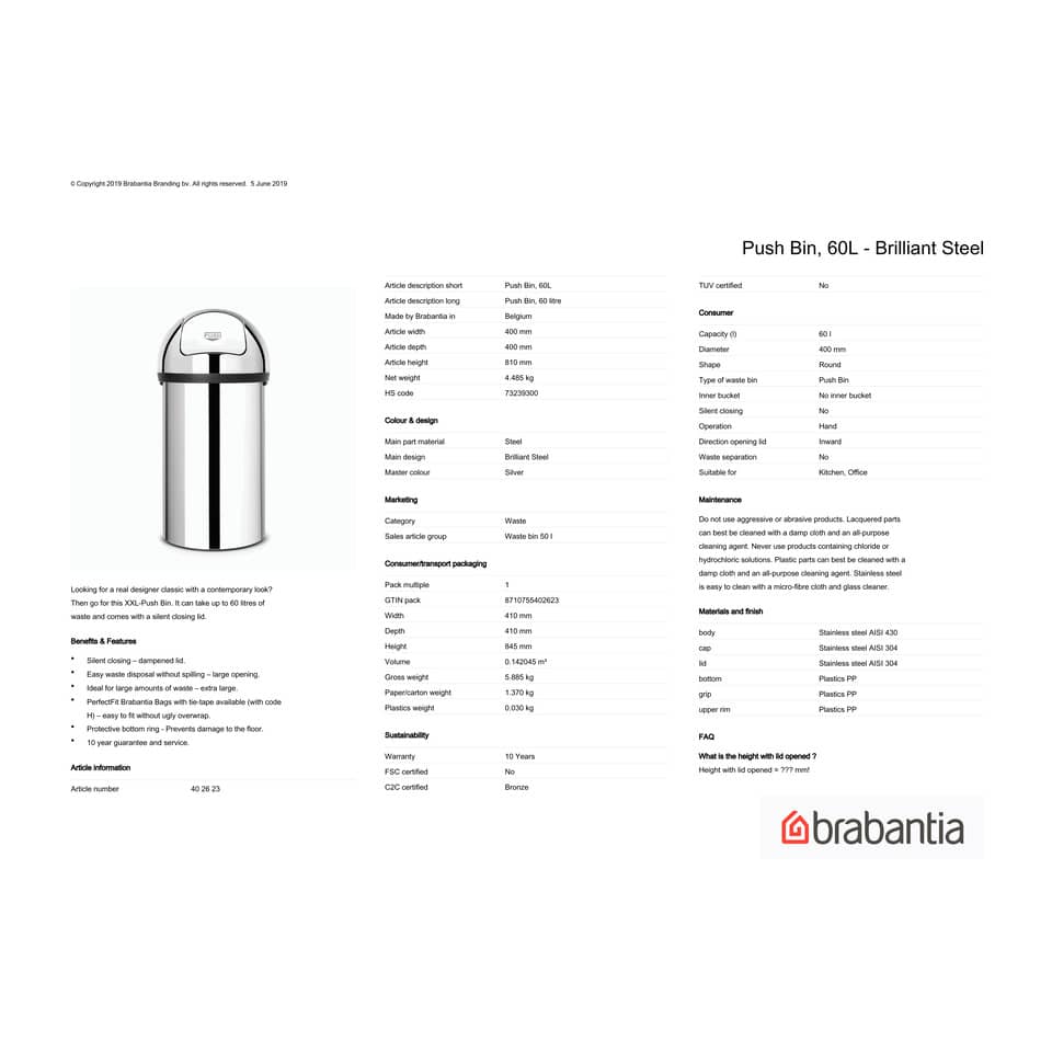 Pattumiera Brabantia Push Bin 60L 40x40x81 cm Inox Lucido 402623