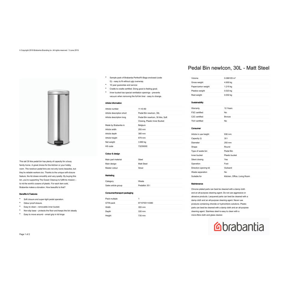 Pattumiera a pedale Brabantia Pedal Bin New Icon 30x38x68 cm Inox Satinato 30 litri - 114380