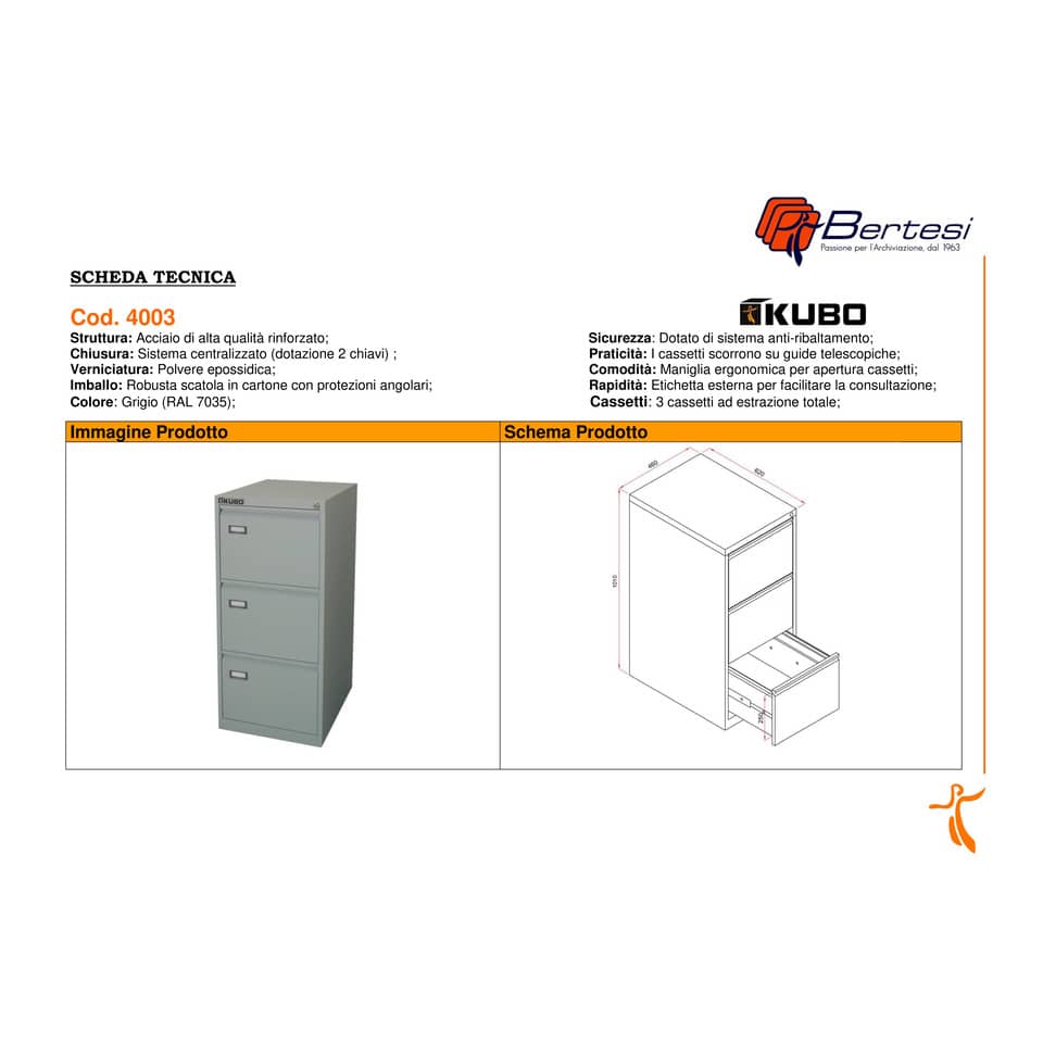 Classificatore per cartelle sospese KUBO 3 cassetti  46x62x101 cm grigio 4003