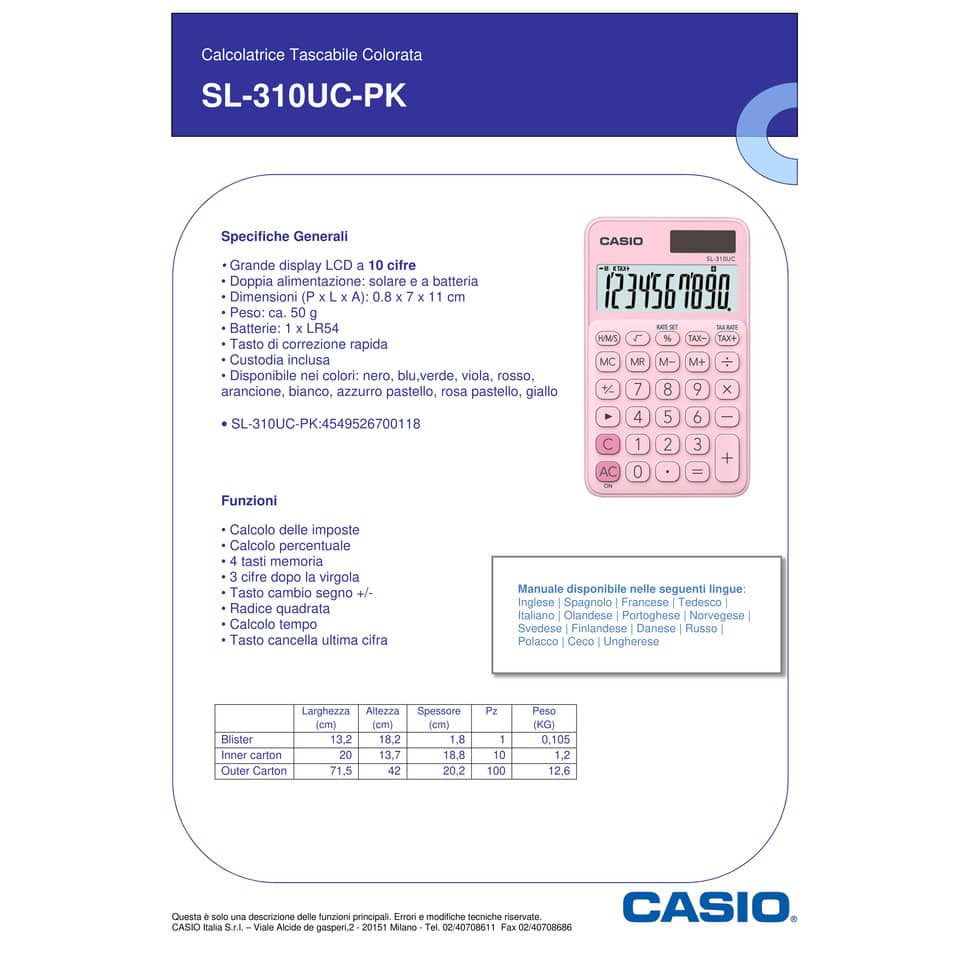 Calcolatrice scientifica CASIO tascabile 10 cifre - solare e batteria Rosa - SL-310UC-PK