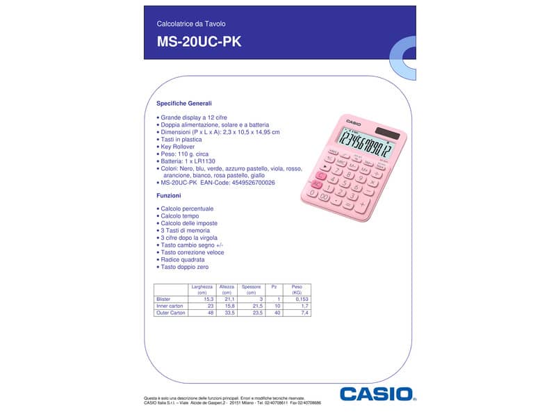 Calcolatrice da tavolo CASIO solare o batteria - 12 cifre - Rosa MS-20UC-PK-W-UC