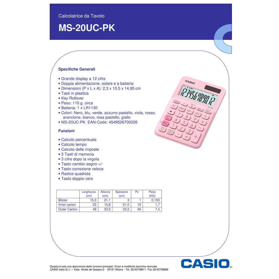 Calcolatrice da tavolo CASIO solare o batteria - 12 cifre - Rosa MS-20UC-PK-W-UC