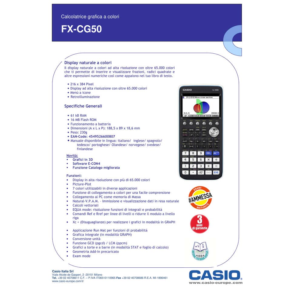 Calcolatrice grafica CASIO FX-CG50 senza CAS con oltre 65.000 colori. Ammessa alla Maturità. Nera - FX-CG50