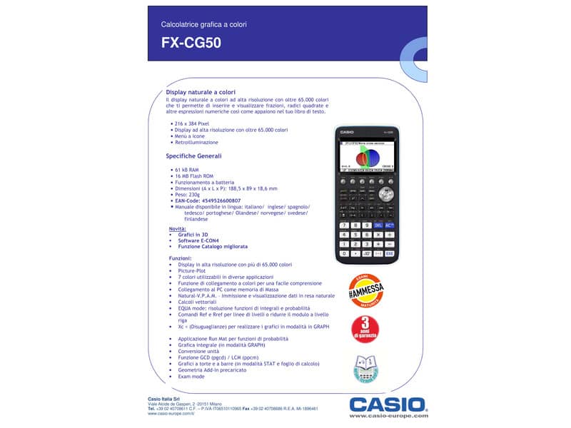 Calcolatrice grafica CASIO FX-CG50 senza CAS con oltre 65.000 colori. Ammessa alla Maturità. Nera - FX-CG50