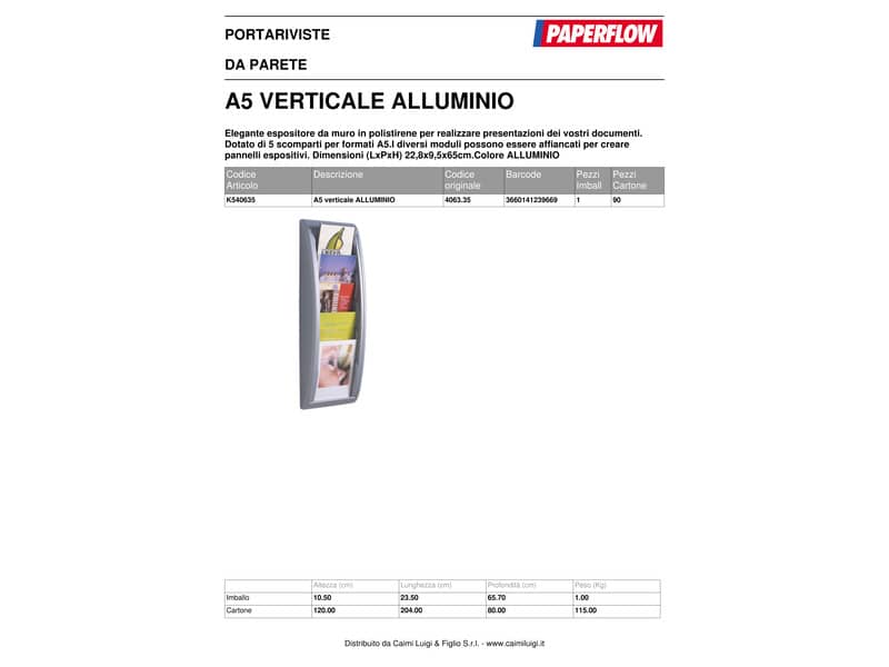 Espositori da terra Paperflow alluminio 5 scomparti per formati A5 22,8x9,8x65 cm - K540635