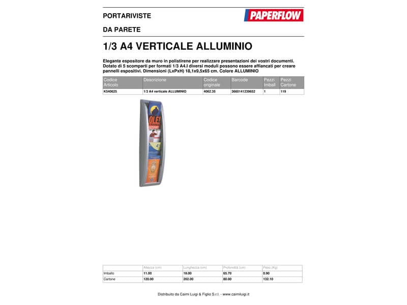 Espositore da muro Paperflow alluminio 5 scomparti per formati 1/3 A4 18,1x9,5x65 cm - K540625