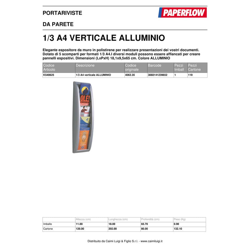 Espositore da muro Paperflow alluminio 5 scomparti per formati 1/3 A4 18,1x9,5x65 cm - K540625