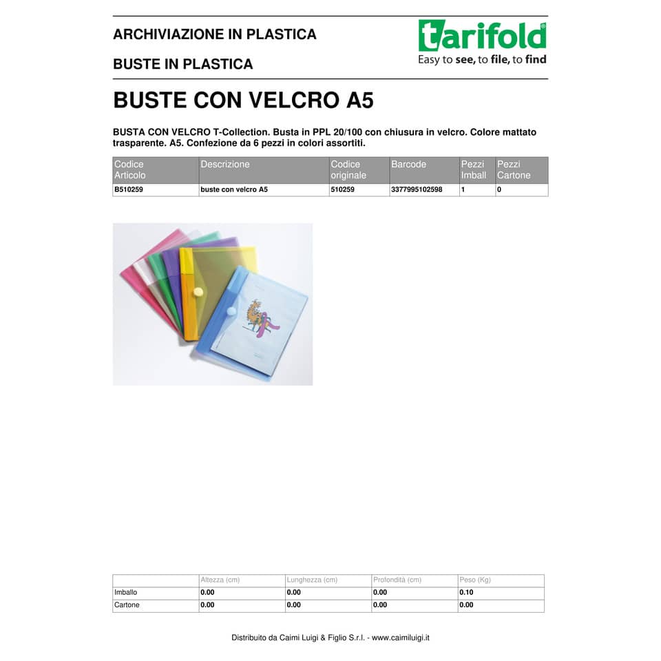 Buste con bottone Tarifold® T-Collection chiusura in velcro - A5 conf. 6 buste - 510259