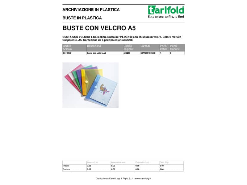 Buste con bottone Tarifold® T-Collection chiusura in velcro - A5 conf. 6 buste - 510259
