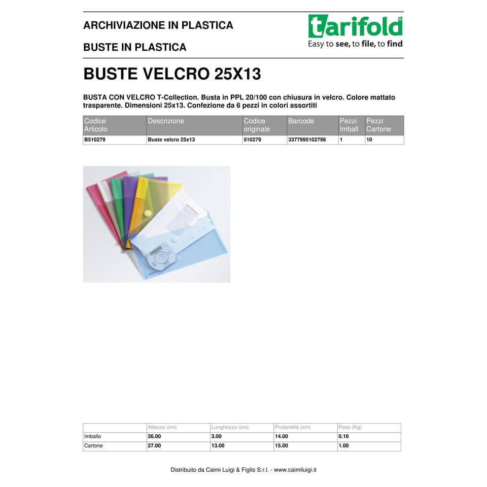 Buste con bottone Tarifold® T-Collection chiusura in velcro - 25x13 cm conf. 6 buste - 510279