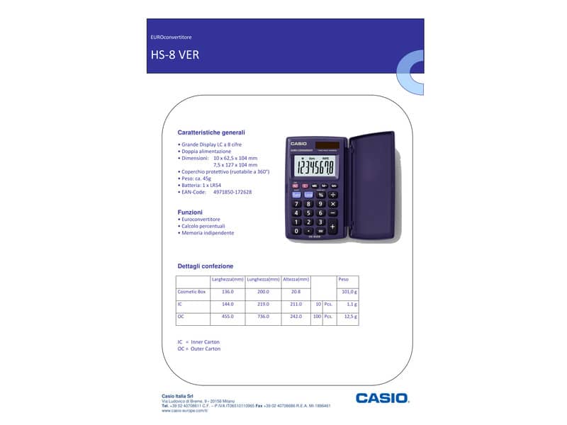 Calcolatrice tascabile CASIO solare e batteria Blu Scuro HS-8VER-WA-EP