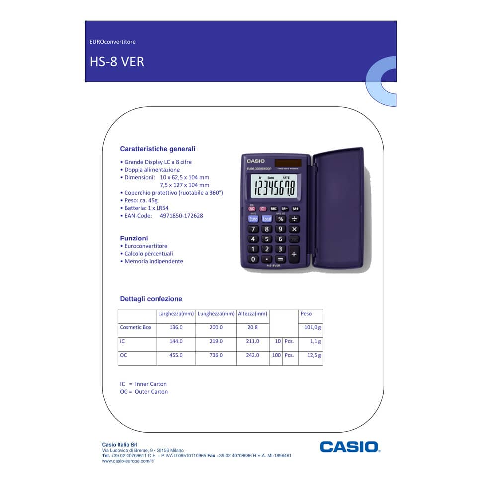 Calcolatrice tascabile CASIO solare e batteria Blu Scuro HS-8VER-WA-EP