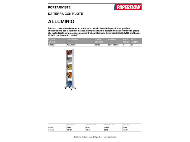 Portariviste da terra Paperflow corner 5 ripiani con ruote alluminio 85,5x38,5x165 cm - K502595