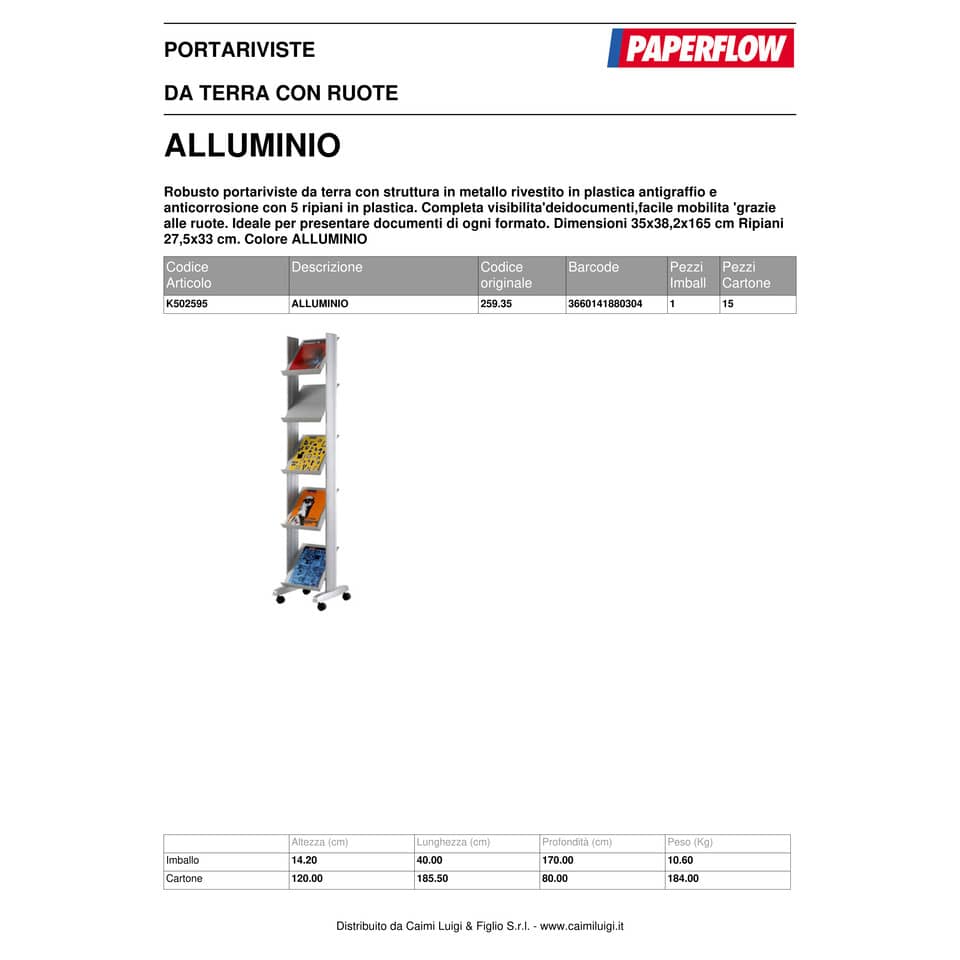 Portariviste da terra Paperflow corner 5 ripiani con ruote alluminio 85,5x38,5x165 cm - K502595