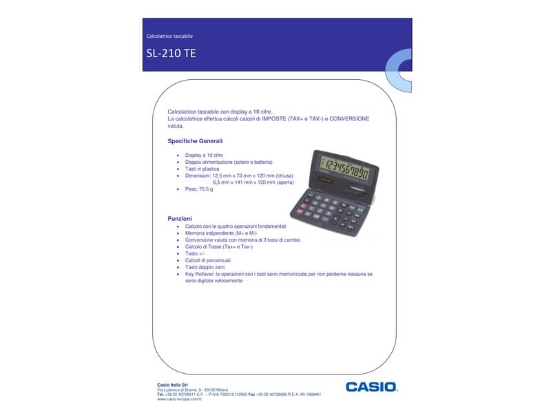 Calcolatrici scientifiche CASIO tascabile 10 cifre - solare e batteria Blu Scuro - SL-210TE