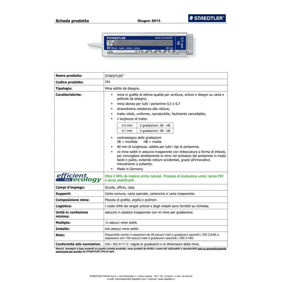 Mine sottili Staedtler Mars Micro Carbon 255 2B 0,5 mm astuccio da 40 pezzi - 255 05-2B