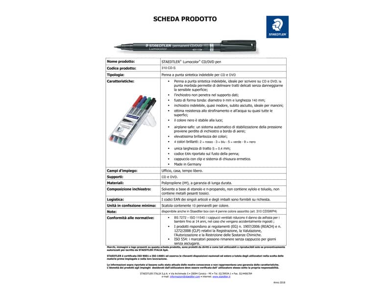 Marcatori Staedtler Lumocolor Permanent CD / DVD 310 assortiti 0,4 mm astuccio da 4 pezzi - 310 CDSWP4