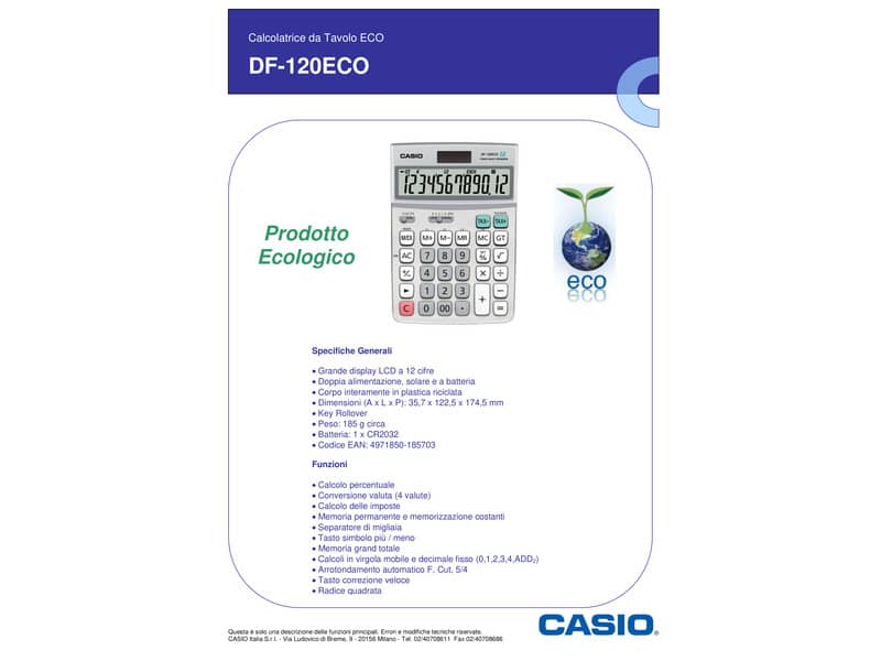 Calcolatrice da tavolo CASIO solare o batteria - display 12 cifre - grigio DF-120ECO