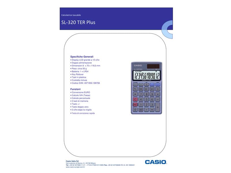 Calcolatrice scientifica CASIO tascabile 12 cifre - solare e batteria Blu Scuro - SL-320TER+