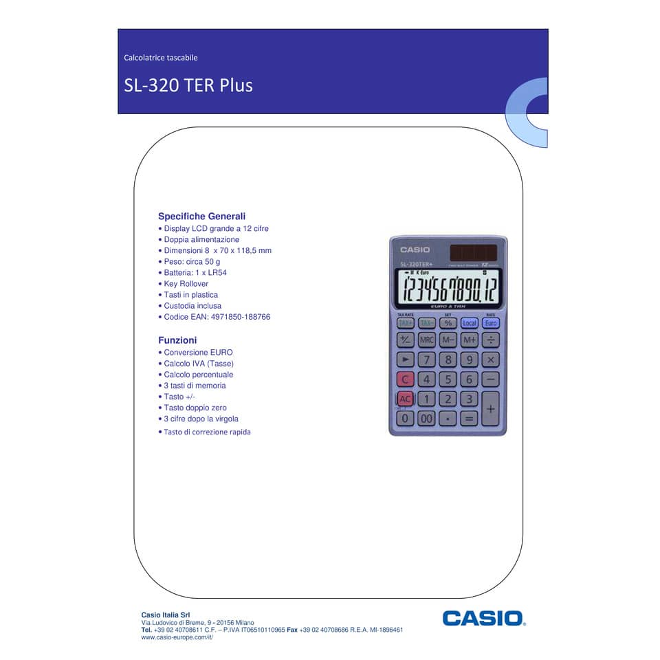 Calcolatrice scientifica CASIO tascabile 12 cifre - solare e batteria Blu Scuro - SL-320TER+