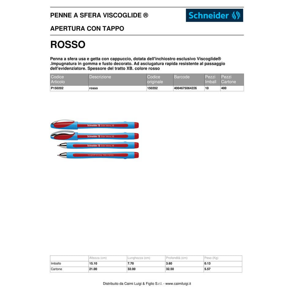 Penna a sfera Schneider Slider Memo tratto XB rosso 150202