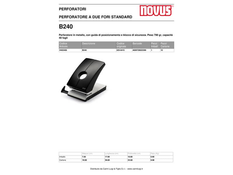 Perforatore a 2 fori Novus B240 40 fogli - metallo grigio/nero H402400