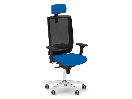 Sedia semidirezionale girevole Unisit Kind KIPGN con poggiatesta - schienale rete nero - riv. fili luce blu KIPGN/F11