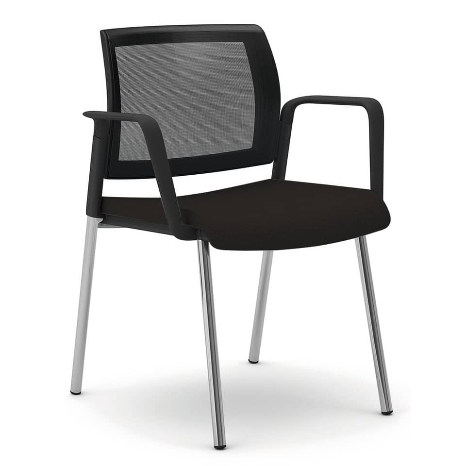 Sedia visitatore 4 gambe Unisit Kind KI4GTBR schienale in rete - rivestimento pelle nero - con braccioli KI4GTBR/PN
