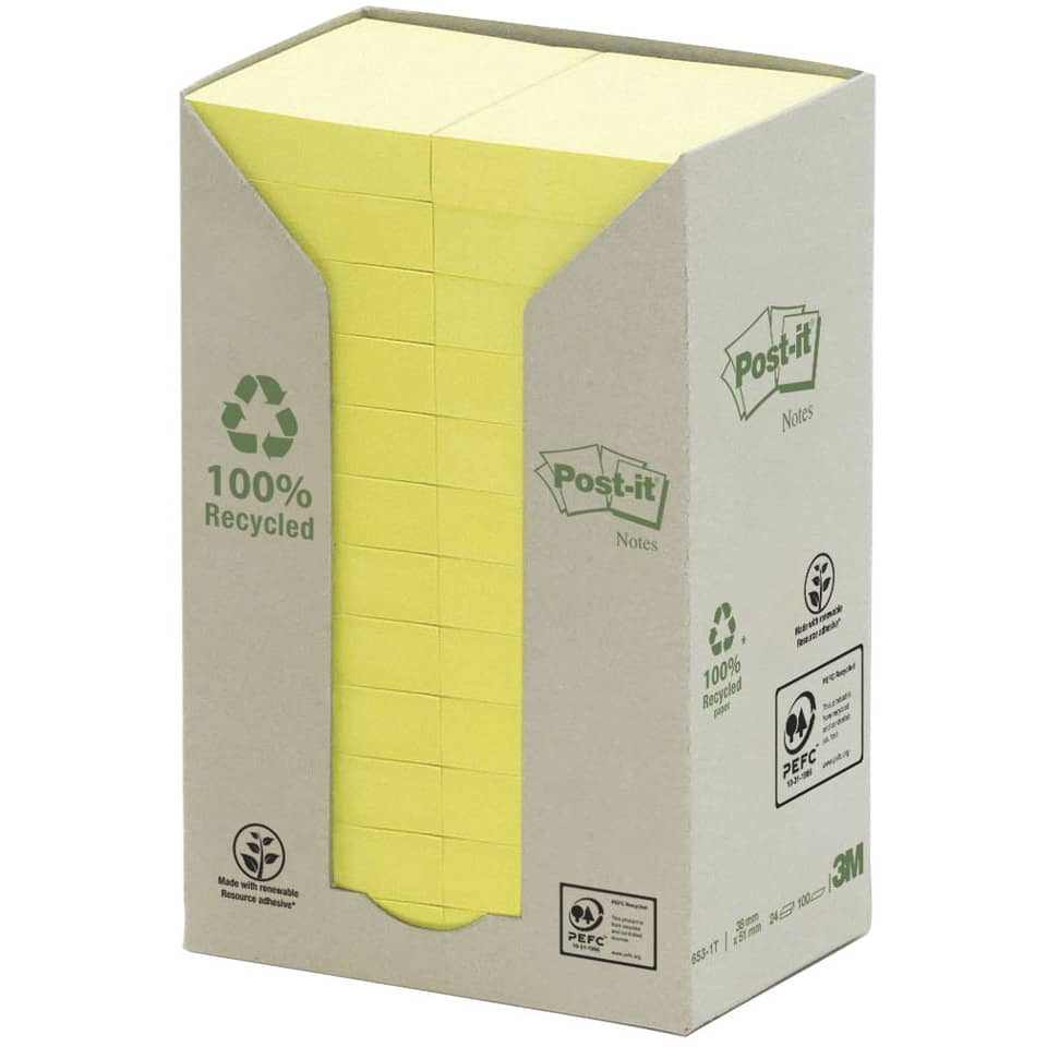 Foglietti Post-it® Notes Giallo in carta riciclata conf. torre da 24 blocchetti da 100 ff - 653-1T