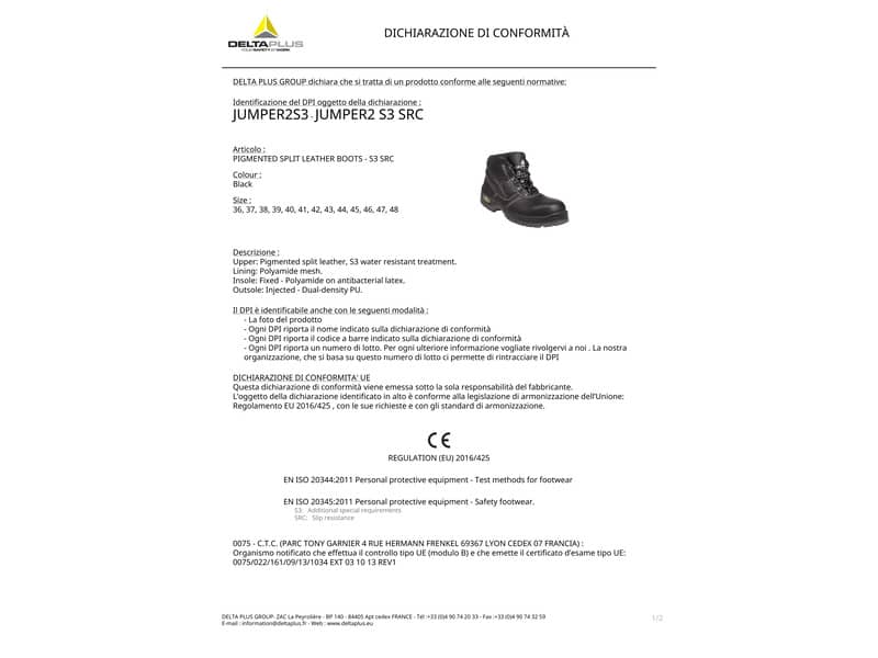 Scarpe da lavoro DELTA PLUS alte Jumper 2 S3 - pelle crosta pigmentata nero - 45 JUMP2S3NO45