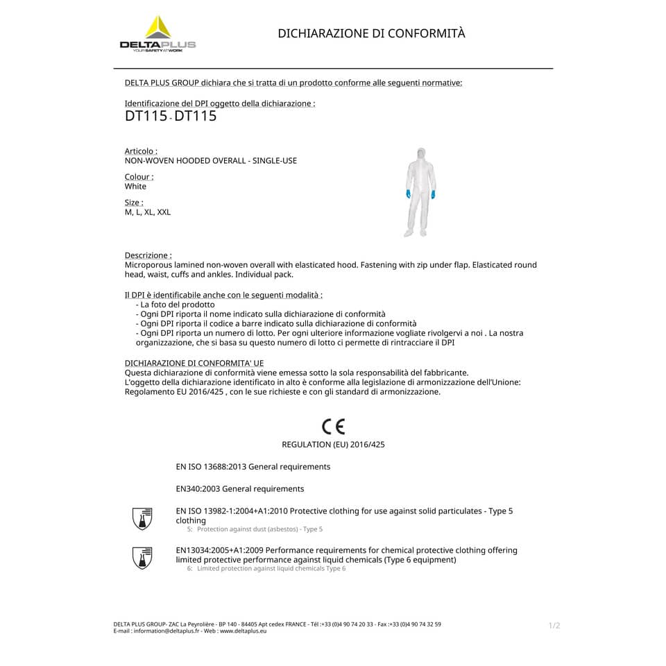 Tute da lavoro DELTA PLUS con cappuccio elasticizzata monouso - chiusura con zip PPL bianco - L - DT115GT