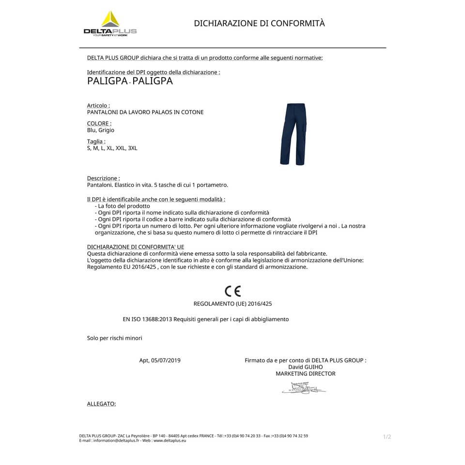 Pantaloni da lavoro DELTA PLUS Palig in cotone con elastico - 5 tasche blu - M PALIGPABMTM