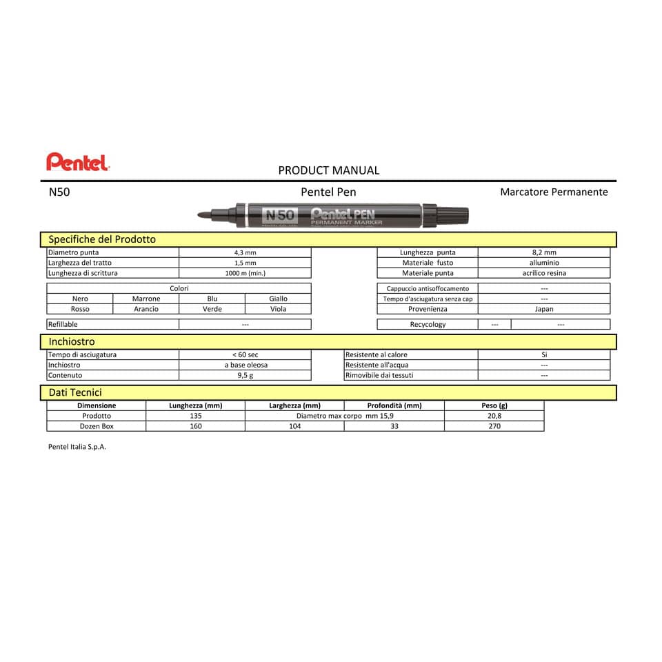 Marcatore permanente Pentel Pen N50 punta conica 4.3 mm assortiti 8 pezzi - N50-8