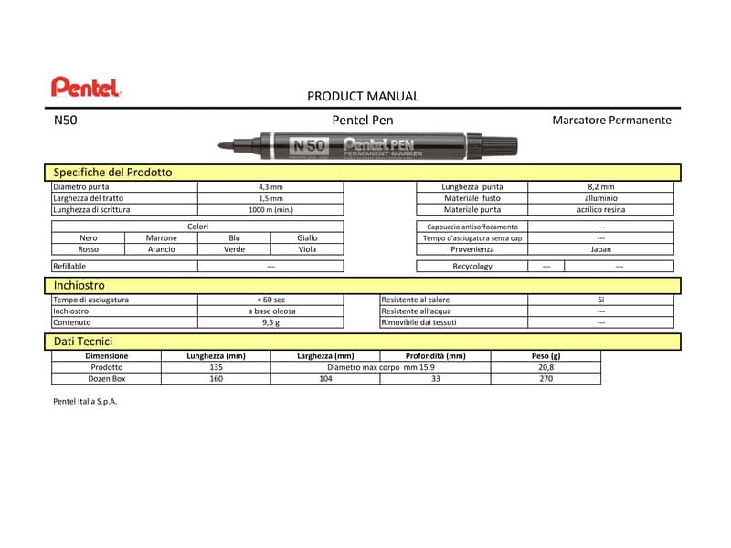 Marcatore permanente Pentel Pen N50 punta conica 4.3 mm assortiti 8 pezzi - N50-8