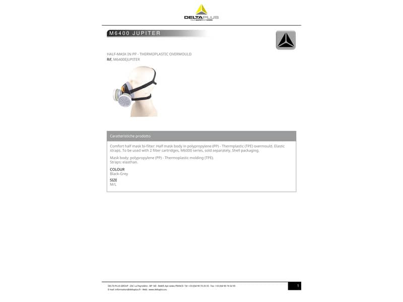 Semi maschera Delta Plus in PPL extra comfort predisposta per 2 filtri (non inclusi) nero-grigio - M6400EGT