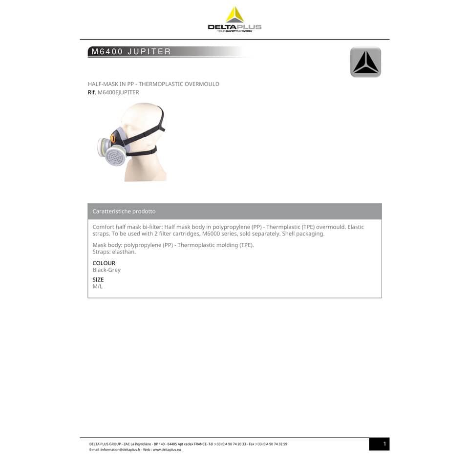 Semi maschera Delta Plus in PPL extra comfort predisposta per 2 filtri (non inclusi) nero-grigio - M6400EGT