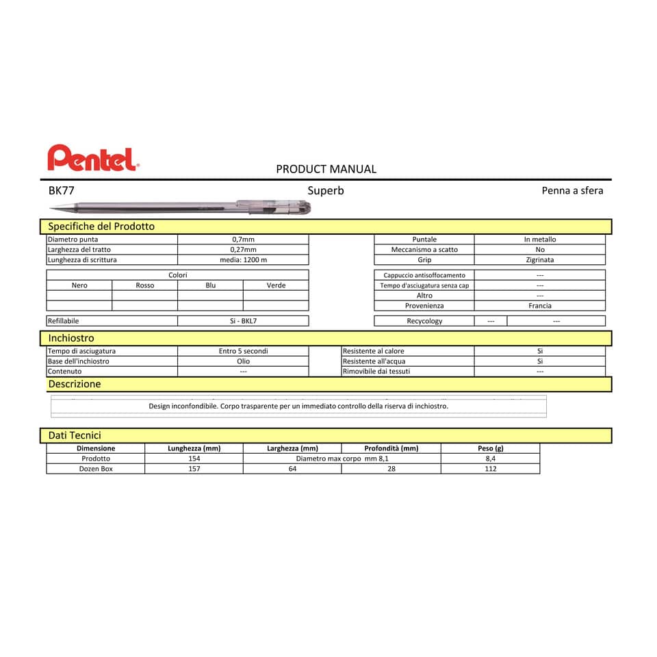 Penna a sfera con cappuccio Pentel Superb 0,7 mm blu BK77-C